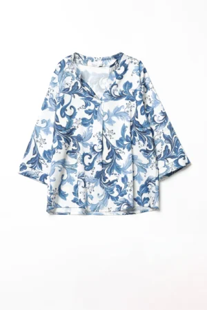 BLUSA stampa fantasia di fiori con colletto alla coreana aperto a V e manica a tre quarti