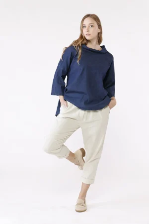 PANTALONE fresco lino con risvolto sangallo e comodo laccetto di chiusura