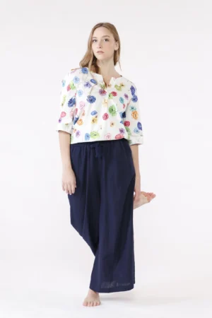 PANTALONE wide leg in cotone e lino con laccetto elastico di chiusura in vita