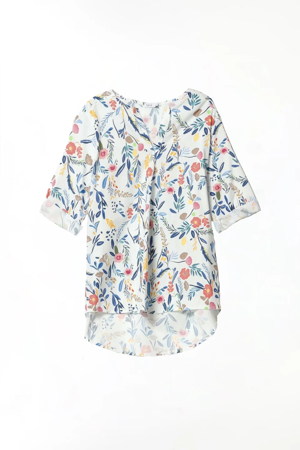 BLUSA ampia fantasia di fiori con scollo a barca risvoltato e manica a tre quarti