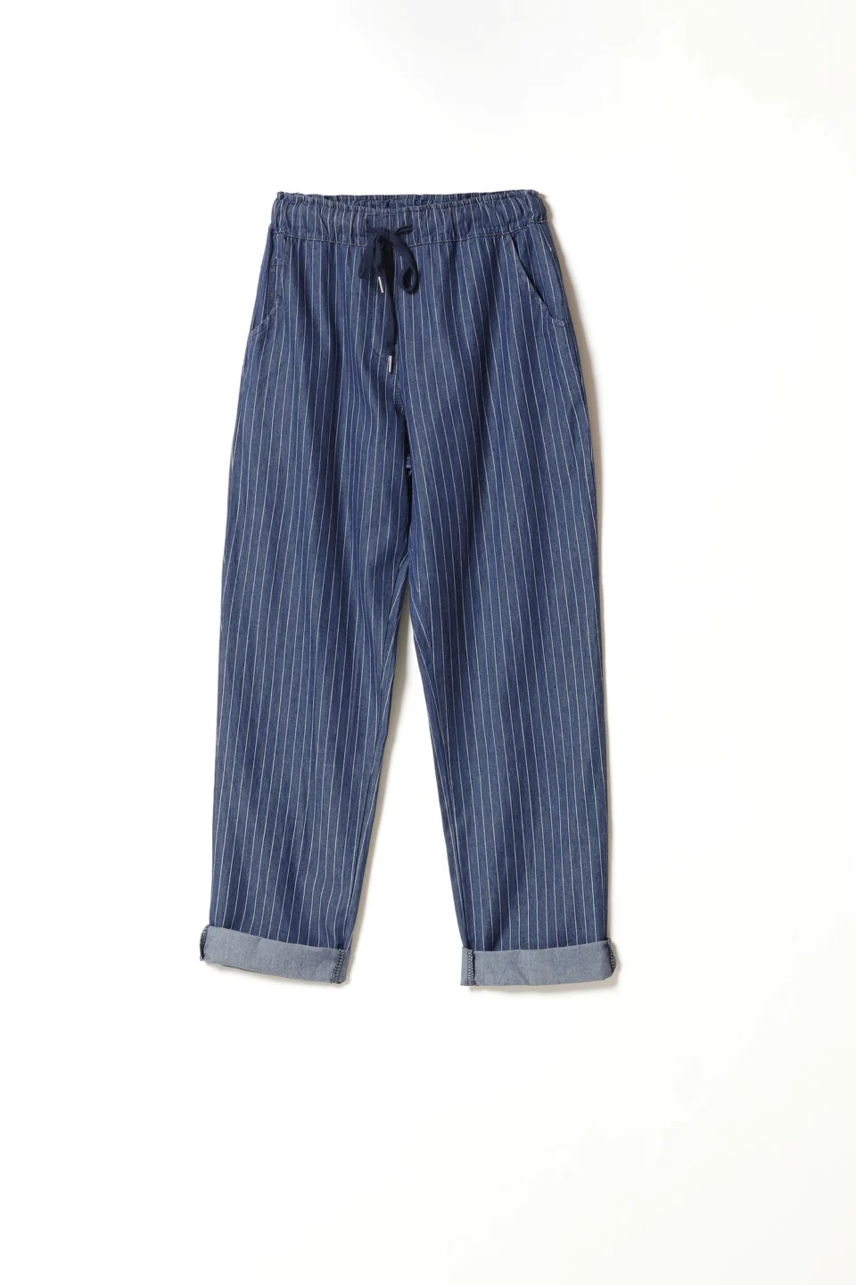 PANTALONE comodo a righe con risvolti alle caviglie e laccetto di chiusura in vita