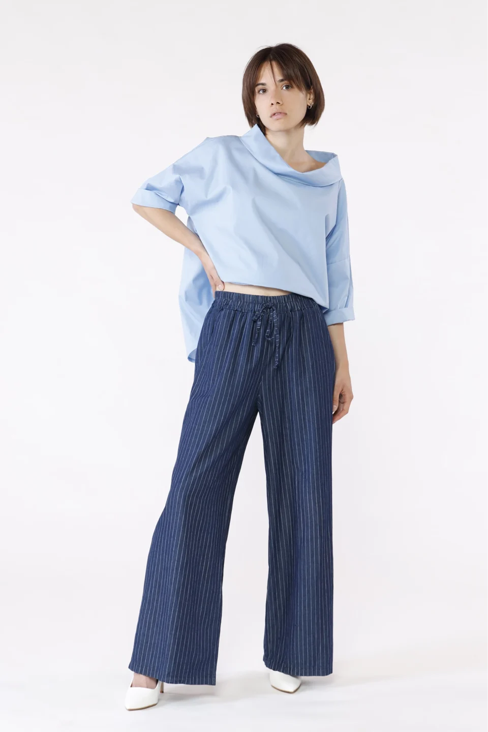 PANTALONE wide leg in fresco cotone rigato con laccetto di chiusura in vita ONEWORLD HYBRID