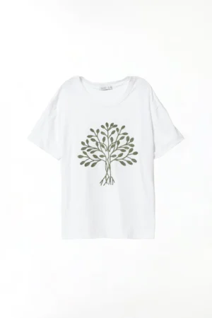 T-SHIRT casual a girocollo con albero della vita ricamato in rilievo