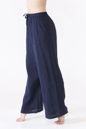 PANTALONE wide leg in fresco lino con legaccio alla cintura e comode tasche laterali
