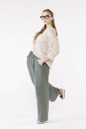 PANTALONE wide leg in fresco lino con legaccio alla cintura e comode tasche laterali