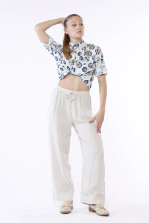 PANTALONE wide leg in puro lino con risvolto alto alla caviglia e cordino di chiusura in vita