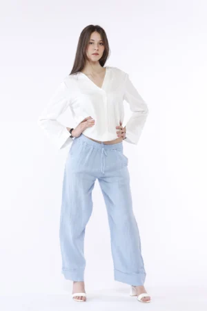 PANTALONE wide leg in puro lino con risvolto alto alla caviglia e cordino di chiusura in vita