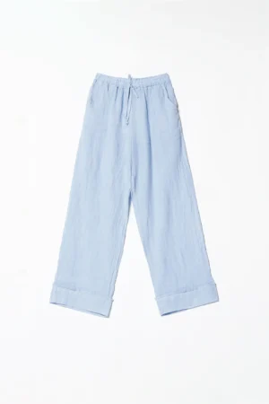 PANTALONE wide leg in puro lino con risvolto alto alla caviglia e cordino di chiusura in vita
