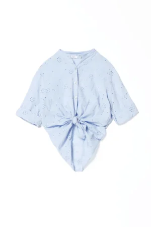 CAMICIA in fresco cotone con ricami ad occhiello ed elegante colletto alla coreana