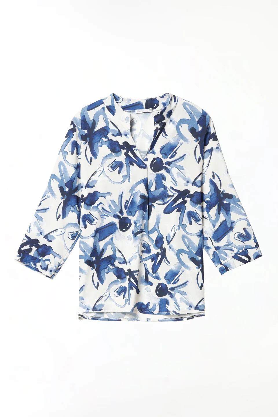 BLUSA fantasia astratta con maniche a kimono e colletto alla coreana aperto a V