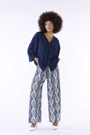 PANTALONE a palazzo con stampa a foglie asimmetriche ed elastico di chiusura in vita