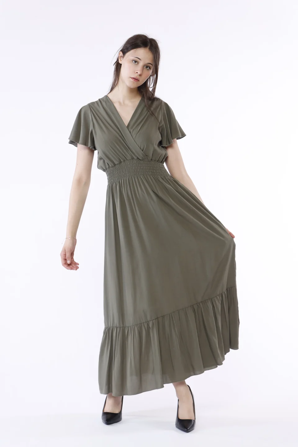 ABITO lungo con ampio scollo a V maniche volant ed elastico arricciato in vita con gonna stratificata a sbuffo ONEWORLD HYBRID