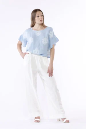 PANTALONE wide leg in puro lino con cordino di chiusura in vita