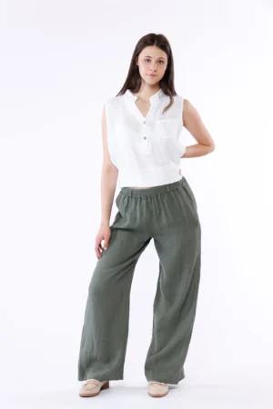PANTALONE wide leg in puro lino con cordino di chiusura in vita