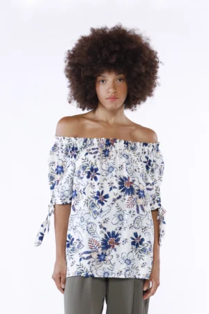 BLUSA fantasia di fiori con collo elastico arricciato e manica corta