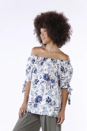 BLUSA fantasia di fiori con collo elastico arricciato e manica corta