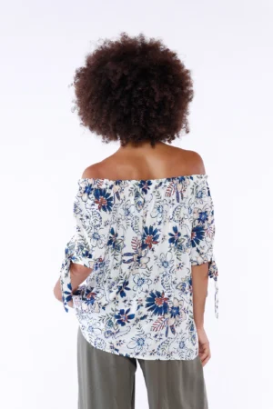 BLUSA fantasia di fiori con collo elastico arricciato e manica corta