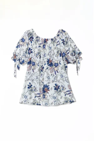 BLUSA fantasia di fiori con collo elastico arricciato e manica corta