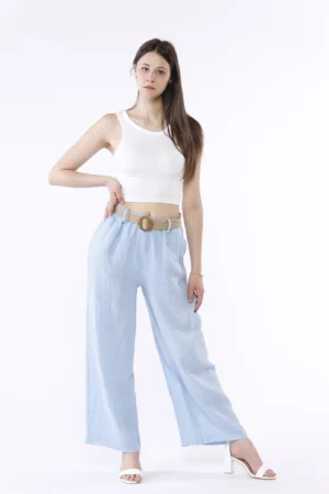 PANTALONE a palazzo in puro lino e cintura intrecciata