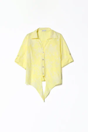 CAMICIA ricamata con pattina ferma manica e nodo in vita