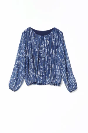 BLUSA a fantasia astratta con scollo a giro e orli elasticizzati a sbuffo