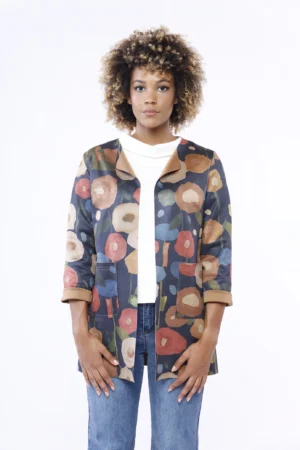 GIACCA blazer in dainetto con stampa fiori di campo aperta sul davanti