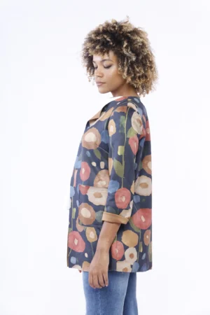 GIACCA blazer in dainetto con stampa fiori di campo aperta sul davanti