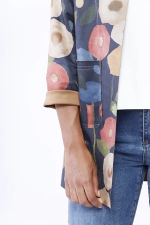 GIACCA blazer in dainetto con stampa fiori di campo aperta sul davanti