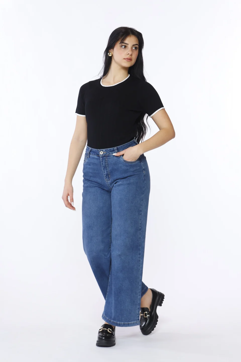 PANTALONE in denim a gamba larga con bottone di chiusura e passanti alla cintura ONEWORLD HYBRID