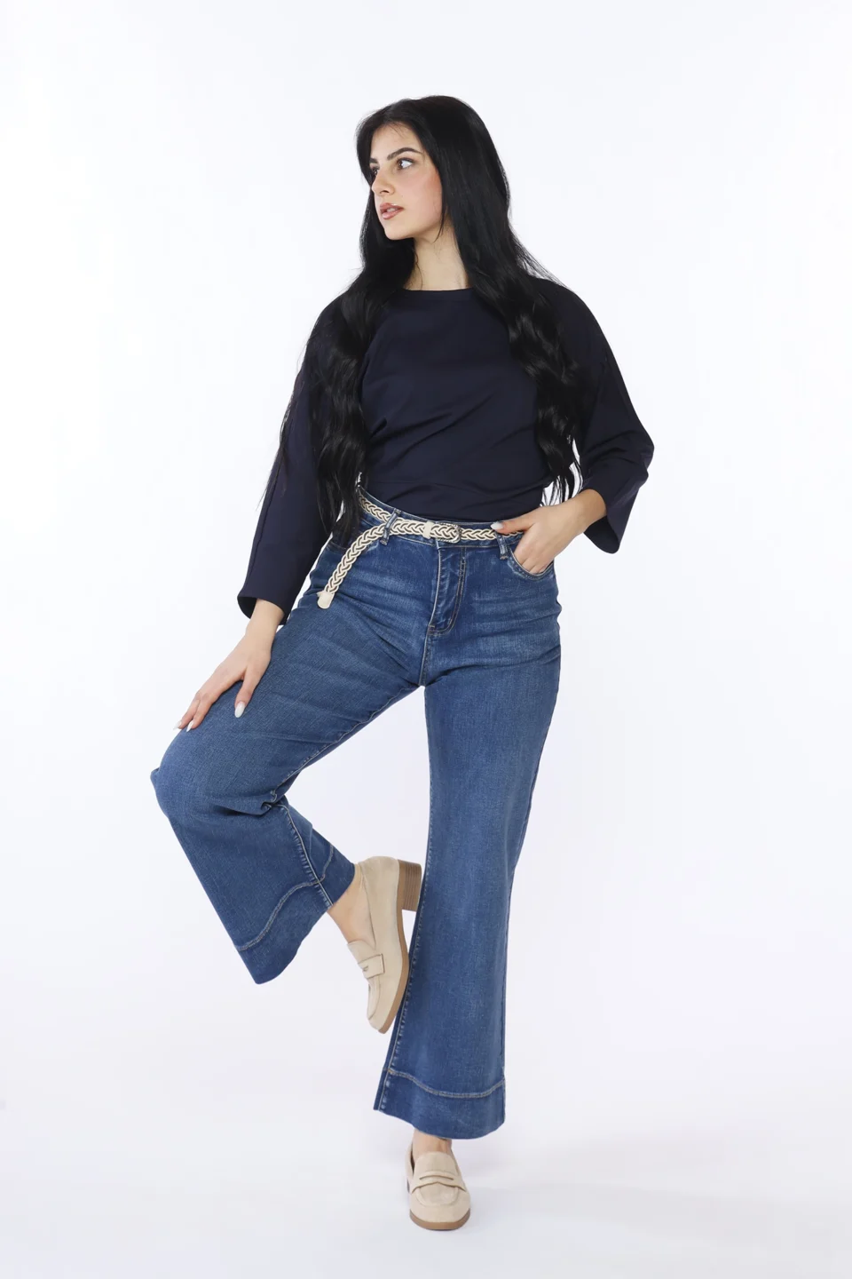 PANTALONE in denim wide leg con chiusura a bottone e passanti alla cintura ONEWORLD HYBRID