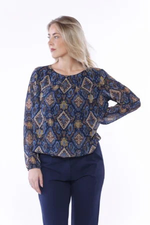 BLUSA a stampa Ikat con orli a sbuffo e graziose pence sul davanti