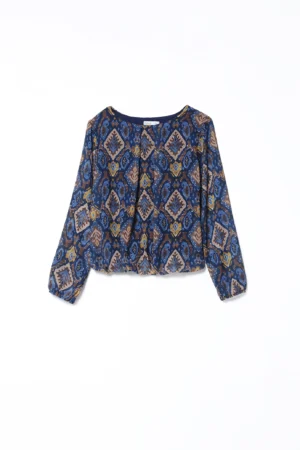 BLUSA a stampa Ikat con orli a sbuffo e graziose pence sul davanti