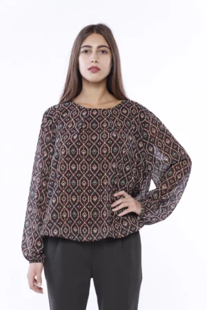 BLUSA a stampa blu con scollo a giro, orli a sbuffo e graziose pence sul davanti