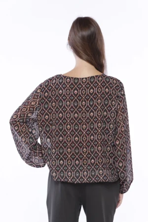 BLUSA a stampa blu con scollo a giro, orli a sbuffo e graziose pence sul davanti