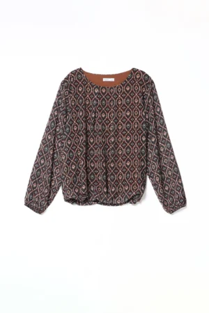 BLUSA a stampa blu con scollo a giro, orli a sbuffo e graziose pence sul davanti