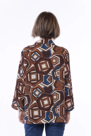 BLUSA a stampa fantasia con colletto alla coreana aperto a V sul davanti e maniche a kimono