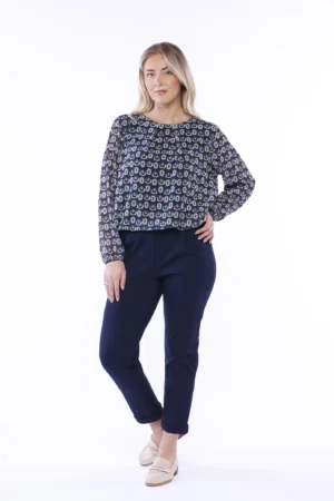 BLUSA a stampa fantasia con scollo a giro, orli a sbuffo e graziose pence sul davanti