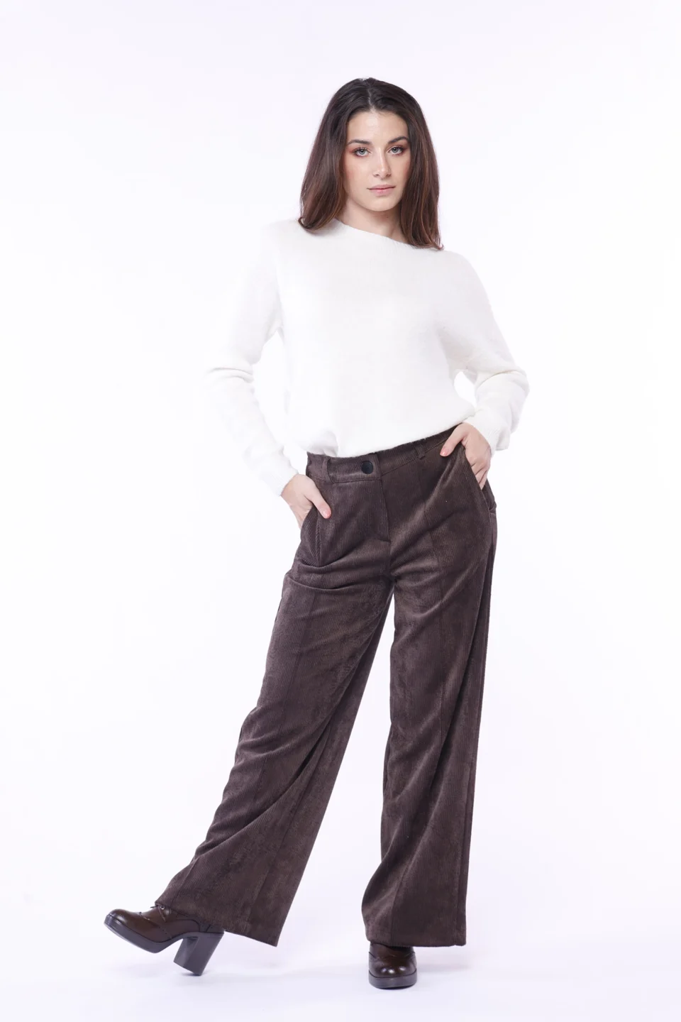 PANTALONE in velluto di cotone a palazzo con chiusura a bottone e passanti alla cintura ONEWORLD HYBRID