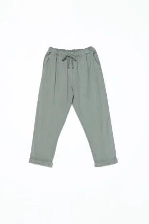 PANTALONE in fresco lino misto a cotone con pratico laccetto in vita e graziosi risvolti sangallo