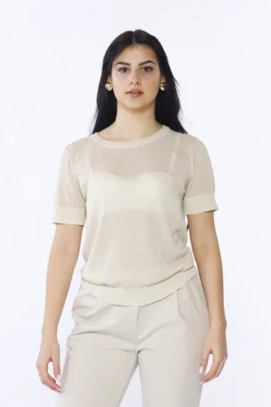 MAGLIA in lurex a manica corta con scollo a giro casual e orli a costine