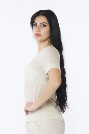 MAGLIA in lurex a manica corta con scollo a giro casual e orli a costine