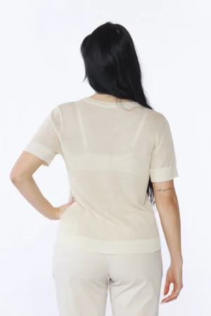 MAGLIA in lurex a manica corta con scollo a giro casual e orli a costine