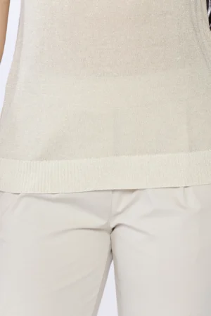 MAGLIA in lurex a manica corta con scollo a giro casual e orli a costine