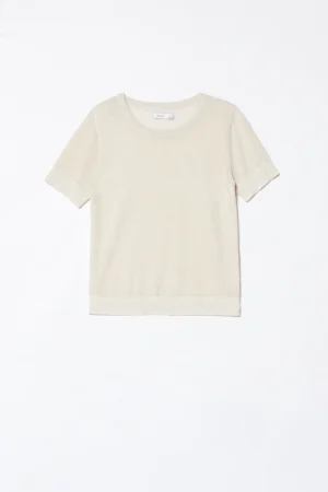 MAGLIA in lurex a manica corta con scollo a giro casual e orli a costine