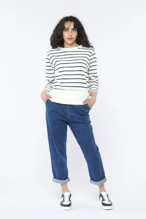 BLUSA a righe con scollo a barca e orlo alto con spacchetti al fondo monocolore
