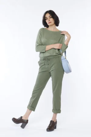 PANTALONE comodo in cotone con risvolti alle caviglie fodera interna a fiori e laccetto di chiusura