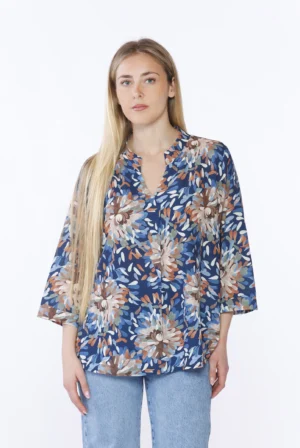 BLUSA fantasia di fiori con maniche a kimono e colletto alla coreana aperto a V