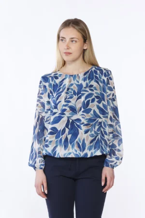 BLUSA a fantasia di foliage con scollo a giro e orli  a sbuffo