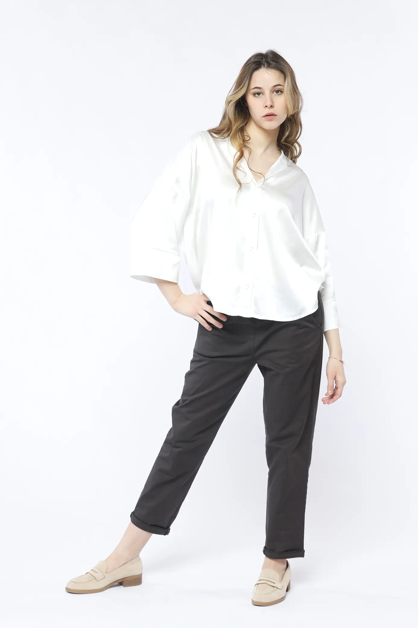 BLUSA business woman con bottoni colletto alla francese e fondo arrotondato ONEWORLD HYBRID