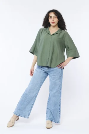 BLUSA casual a trama striata con manica a tre quarti e colletto alla coreana aperto a V